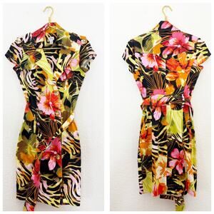 Vintage Y2K Cache Belted Shirt Dress Size 2 Tropical Print Glam Whimsical
